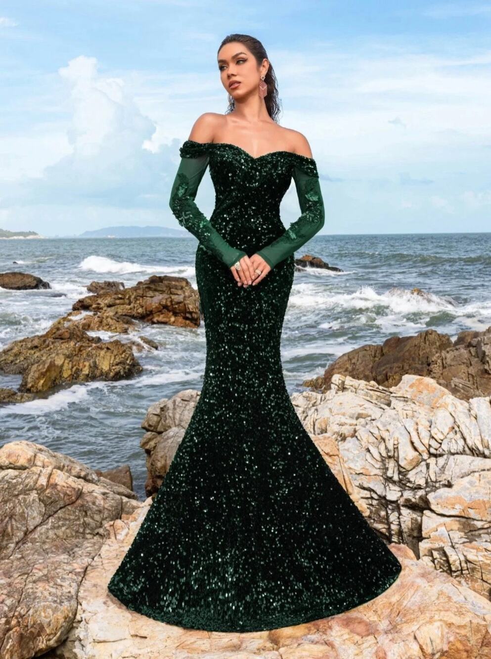 Faeriesty Off Shoulder Mermaid Hem Sequin Velvet Evening Dress Gown Sz M Green